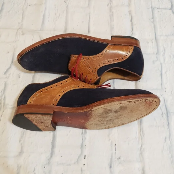Johnston & Murphy Blue and Tan Oxfords with Red Laces - Picture 5 of 13